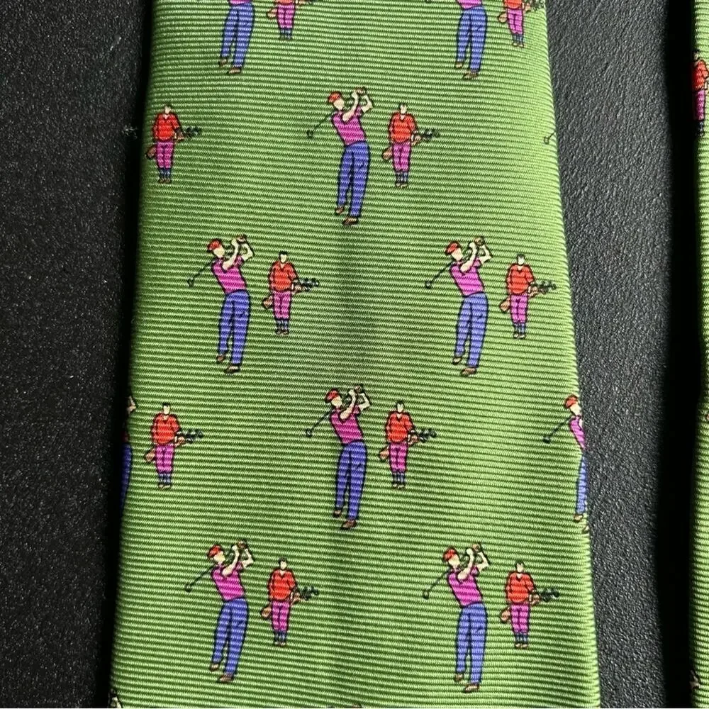 Polo by Ralph Lauren 100% Silk Handmade Tie, Green with Golfers